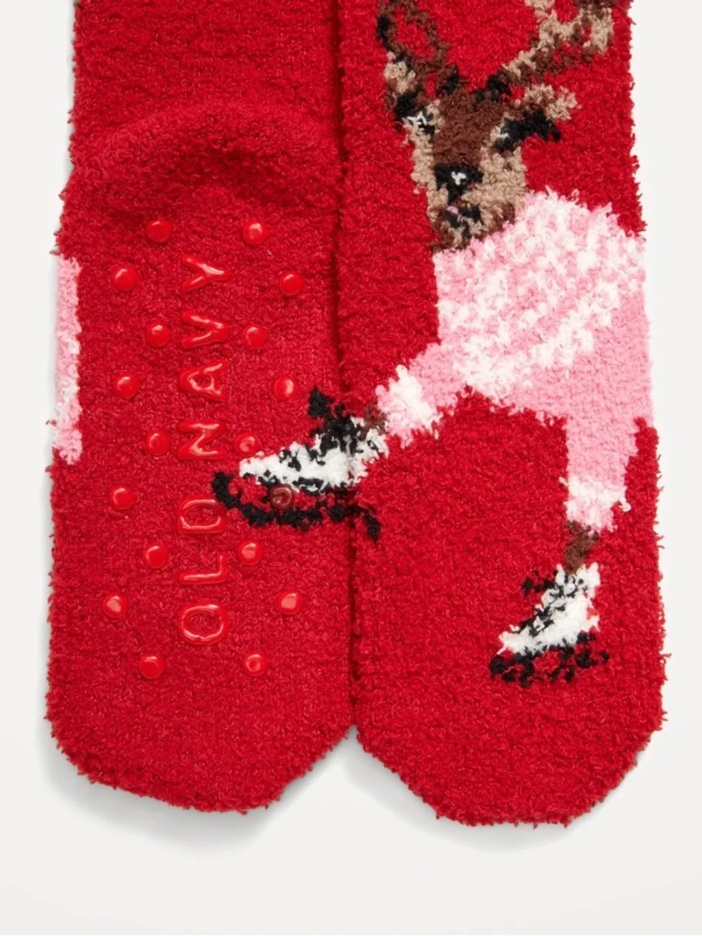 Old Navy Kids Fuzzy Reindeer Slipper Socks Red Holiday Non Slip NWT
